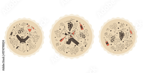 Wine club emblems set. Woman with wine bottle on round stamp. Tasting event circular perforated edges label. Party with alcohol drinks. Person visit a vineyard. Vector hand drawn doodle illustration.