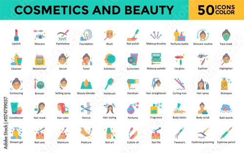 Cosmetics and Beauty icons set with lipstick, mascara, eyeshadow, foundation, blush, nail polish, makeup brushes, perfume bottle, skincare routine, face mask icon. Simple flat color vector 
