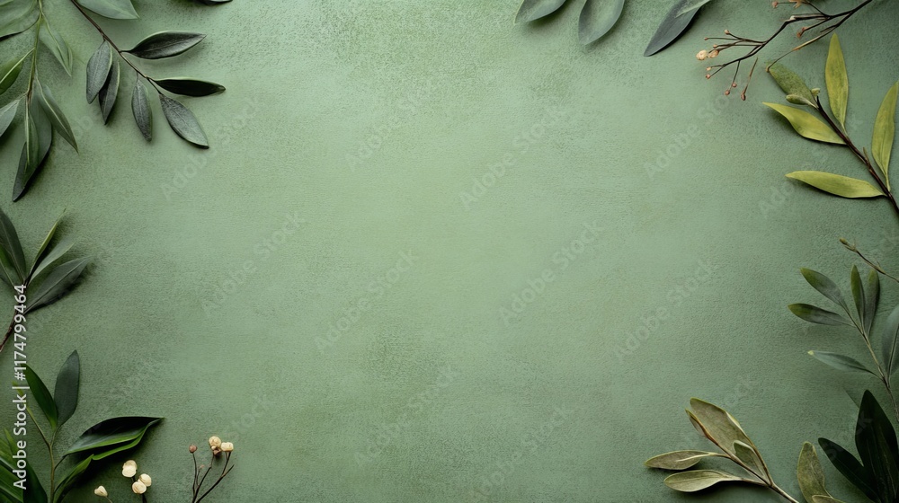 Green leaves and small white flowers arranged on a sage green background. Perfect for spring or summer designs. Green leaves and small white flowers arranged on a sage green background. Perfect for spring or summer designs.