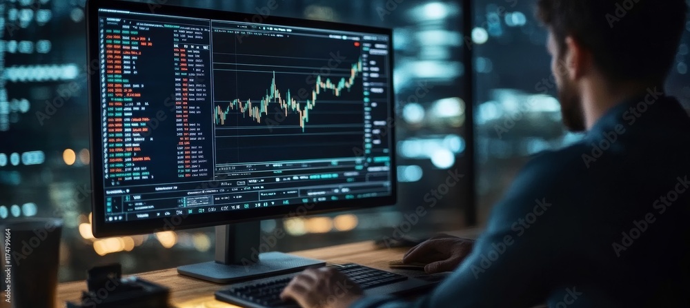 Stock of forex trader watch market statistic on computer screen. Generative AI technology. Stock of forex trader watch market statistic on computer screen. Generative AI technology.