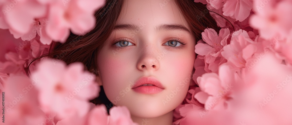 A woman is lying in a bed of pink flowers A woman is lying in a bed of pink flowers