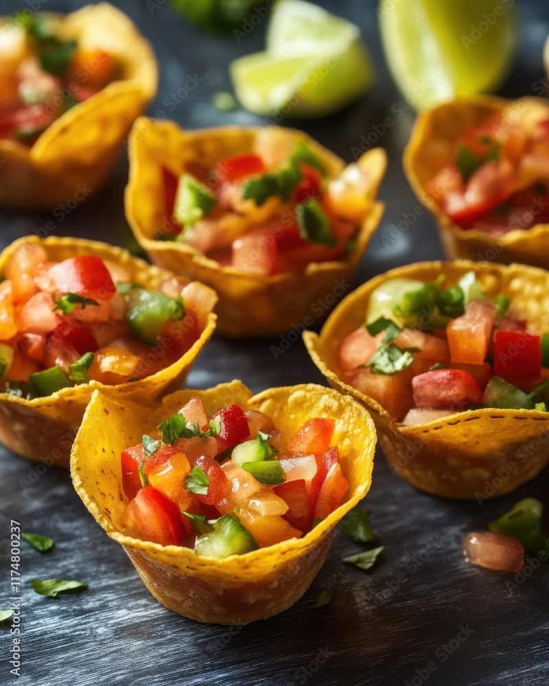 Delicious mini tortilla cups filled with vibrant salsa and fresh ingredients, perfect for a festive gathering. Delicious mini tortilla cups filled with vibrant salsa and fresh ingredients, perfect for a festive gathering.