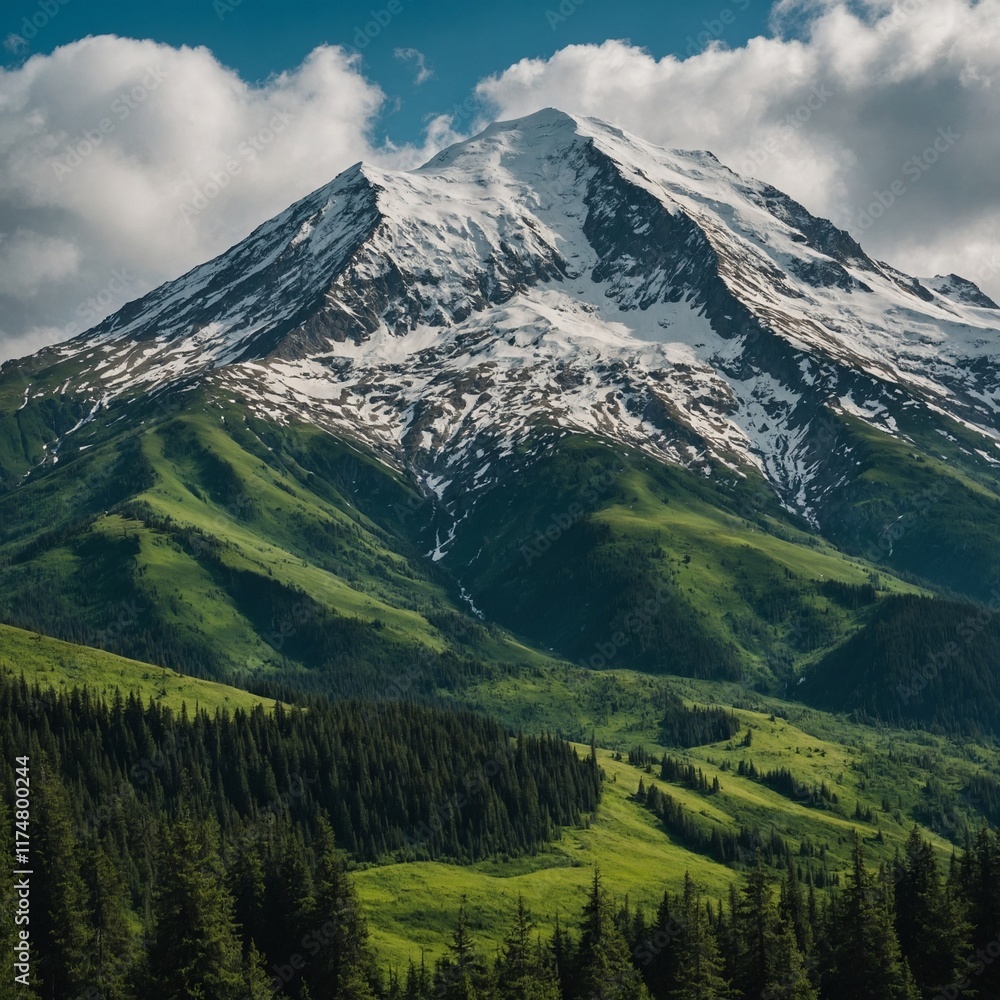Fototapeta premium A mountain range with a single snowy peak rising above endless green trees.