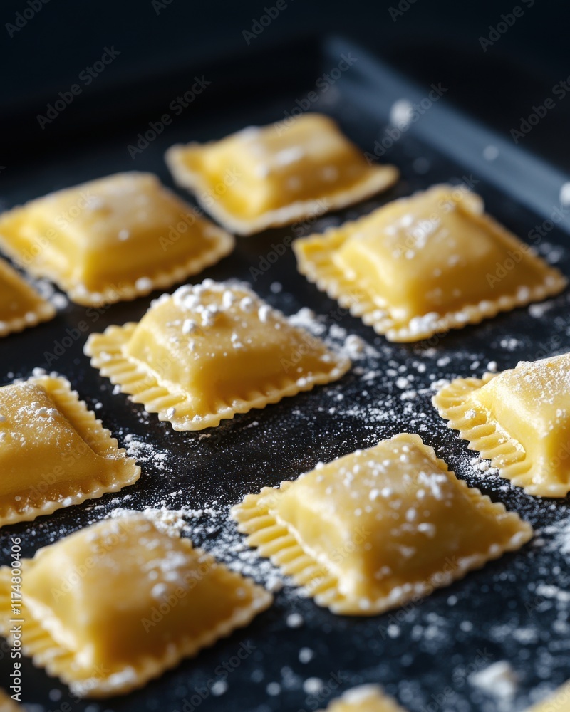 Freshly made ravioli arranged on a baking tray, showcasing their delicate texture and flour dusting. Freshly made ravioli arranged on a baking tray, showcasing their delicate texture and flour dusting.