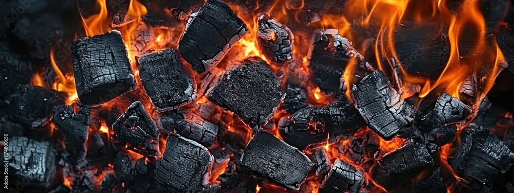 Glowing hot coals, vibrant orange flames, burning embers, extreme close-up, dark background, high contrast, intense heat, fiery textures, charred wood, campfire atmosphere, detailed combustion, mesmer Glowing hot coals, vibrant orange flames, burning embers, extreme close-up, dark background, high contrast, intense heat, fiery textures, charred wood, campfire atmosphere, detailed combustion, mesmer
