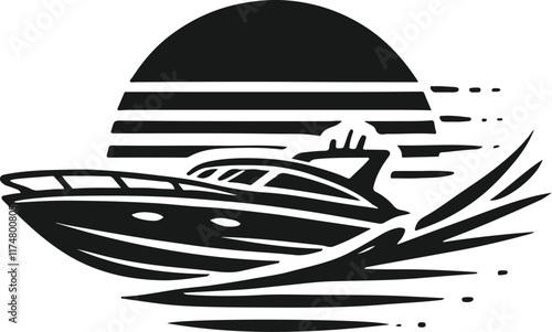 A stylized black and white illustration of a motor yacht sailing through the water at sunset.