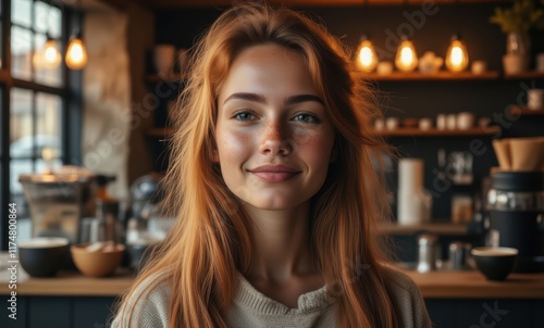Smiling young woman in cozy cafe
