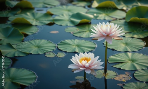 Delicate pink water lilies in serene pond photo