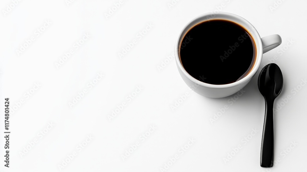 Morning Coffee Break: A simple overhead shot of a cup of black coffee and a black spoon on a white surface. Perfect for minimalist designs and morning mood boards. Morning Coffee Break: A simple overhead shot of a cup of black coffee and a black spoon on a white surface. Perfect for minimalist designs and morning mood boards.