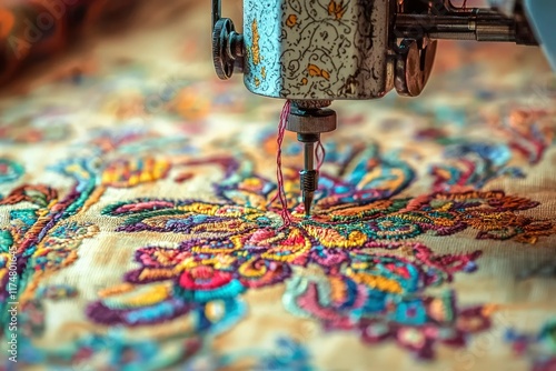 Antique Sewing Machine Embroidering Colorful Floral Design