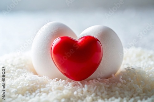 Delicate Red Heart in Eggshell: Double Exposure Stock Photo photo