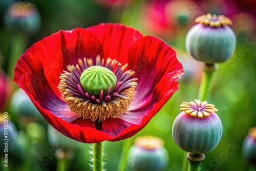 A captivating close-up of Papaver somniferum's red seed pod;  botanical artistry using the rule of thirds. photo