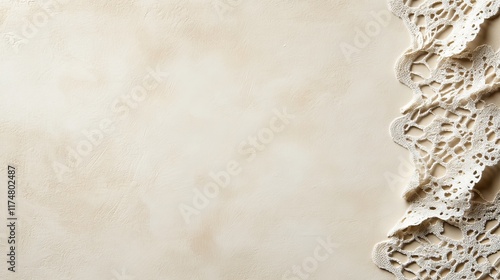 Elegant cream-colored lace delicately placed against a textured beige background. Perfect for adding a touch of vintage charm to your designs.