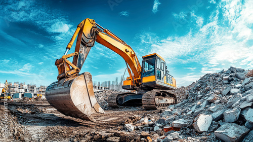 Excavator dismantling debris at urban construction site under a clear blue sky photo