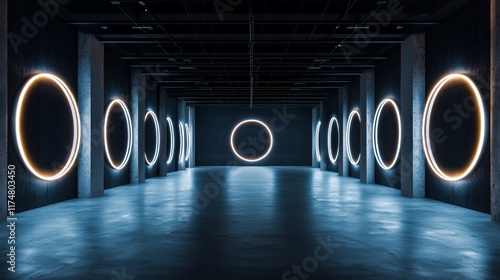 Wide shot of a light art installation with neon tubes photo