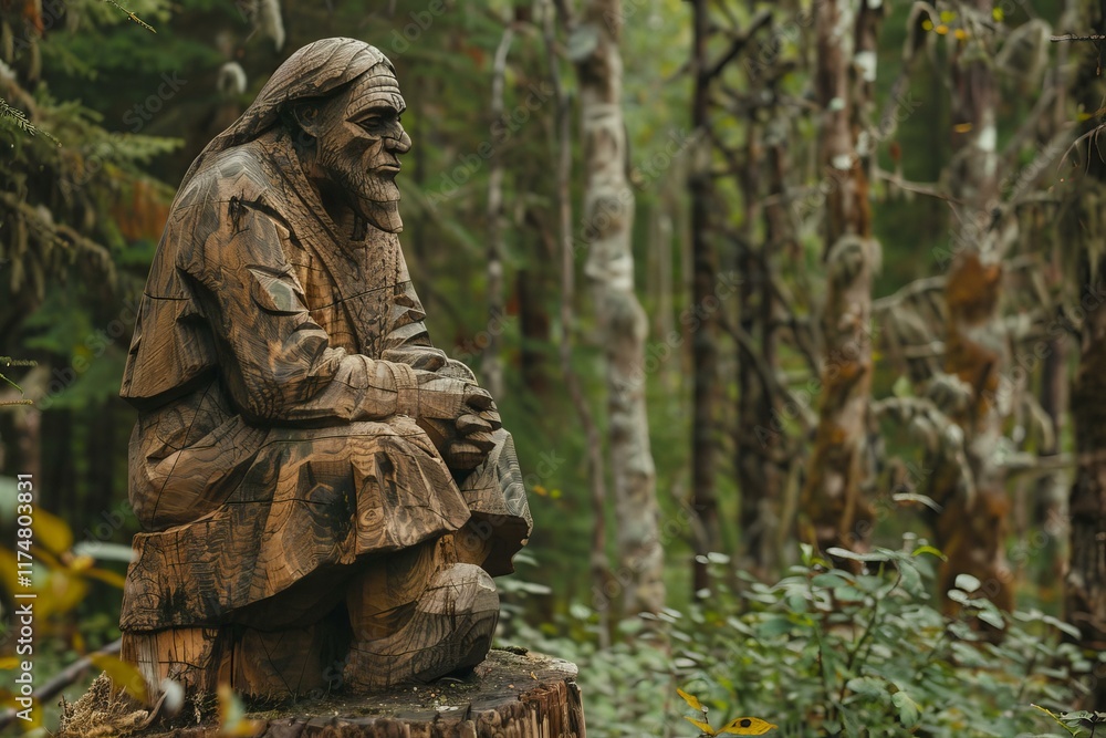 Wooden statue of a wise native american elder sitting on a tree stump in a forest Wooden statue of a wise native american elder sitting on a tree stump in a forest