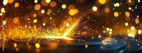 Industrial metalworking, sparks flying, angle grinder, dark workshop, glowing embers, bokeh lights, moody atmosphere, warm orange tones, close-up detail, high contrast, dramatic lighting, metal shavin photo