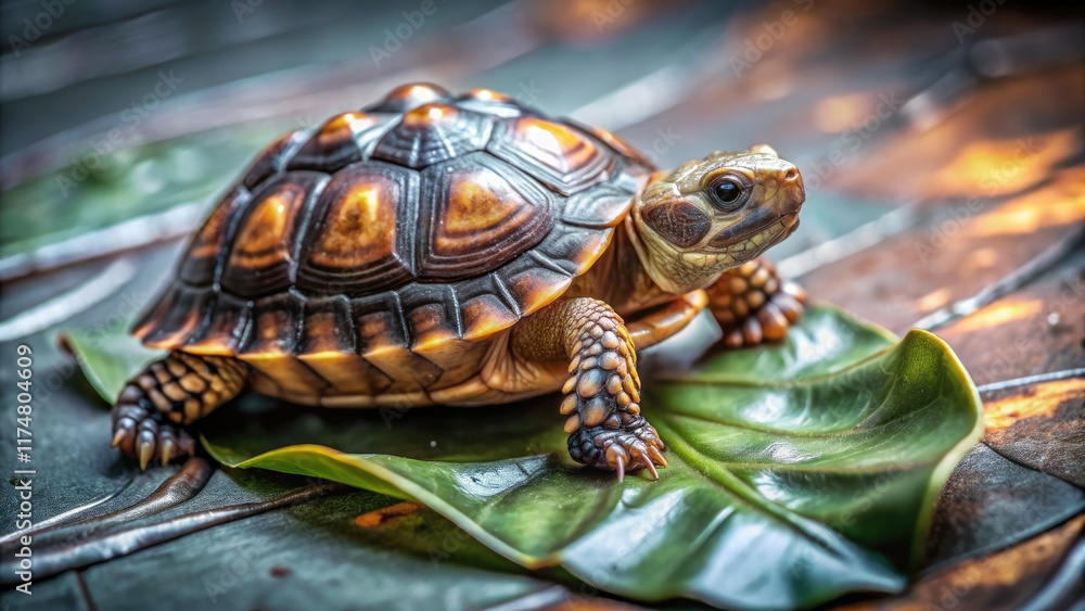 A miniature tortoise, shell exquisitely detailed, perches on a lush green leaf. A miniature tortoise, shell exquisitely detailed, perches on a lush green leaf.