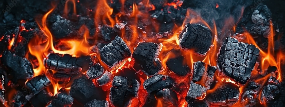 Glowing hot coals, vibrant orange flames, burning embers, extreme close-up, dark background, high contrast, intense heat, fiery textures, charred wood, campfire atmosphere, detailed combustion, mesmer Glowing hot coals, vibrant orange flames, burning embers, extreme close-up, dark background, high contrast, intense heat, fiery textures, charred wood, campfire atmosphere, detailed combustion, mesmer