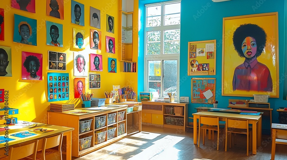 Obraz premium Bright, colorful classroom with art, tables, and supplies.