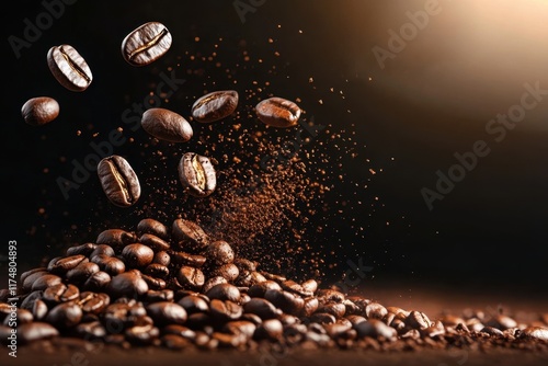 Close-up of coffee beans in motion warm light