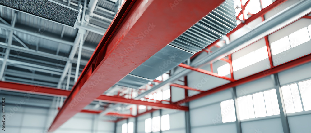 Exploring the interplay of red steel beams and metal pipes in an expansive industrial warehouse interior Exploring the interplay of red steel beams and metal pipes in an expansive industrial warehouse interior