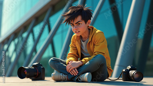 Side view of a desperate photographer dressed in casual clothing, sitting cross-legged in front of a modern skyscraper facade