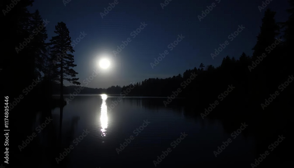 Serene moonlit lake scene with silhouetted trees Serene moonlit lake scene with silhouetted trees