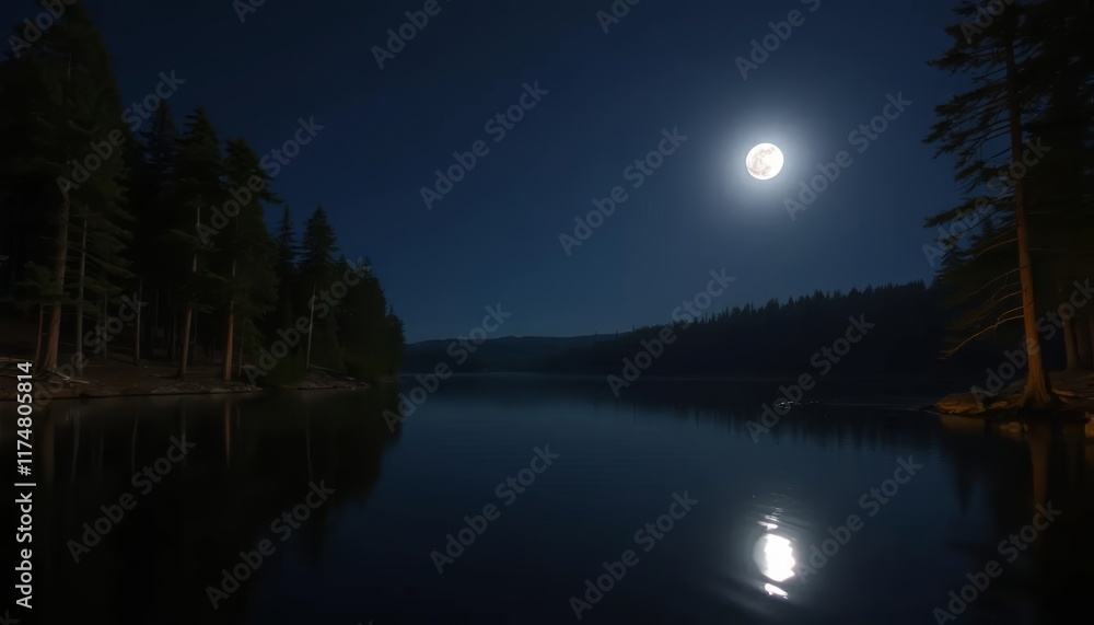 Serene moonlit lake reflecting trees at night Serene moonlit lake reflecting trees at night