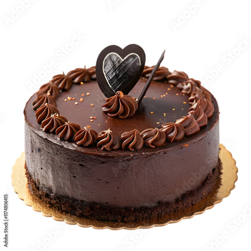 chocolate cake with a heart shaped decoration on white background