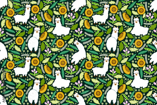 Alpaca with leaves sunflower seamless pattern seamless pattern