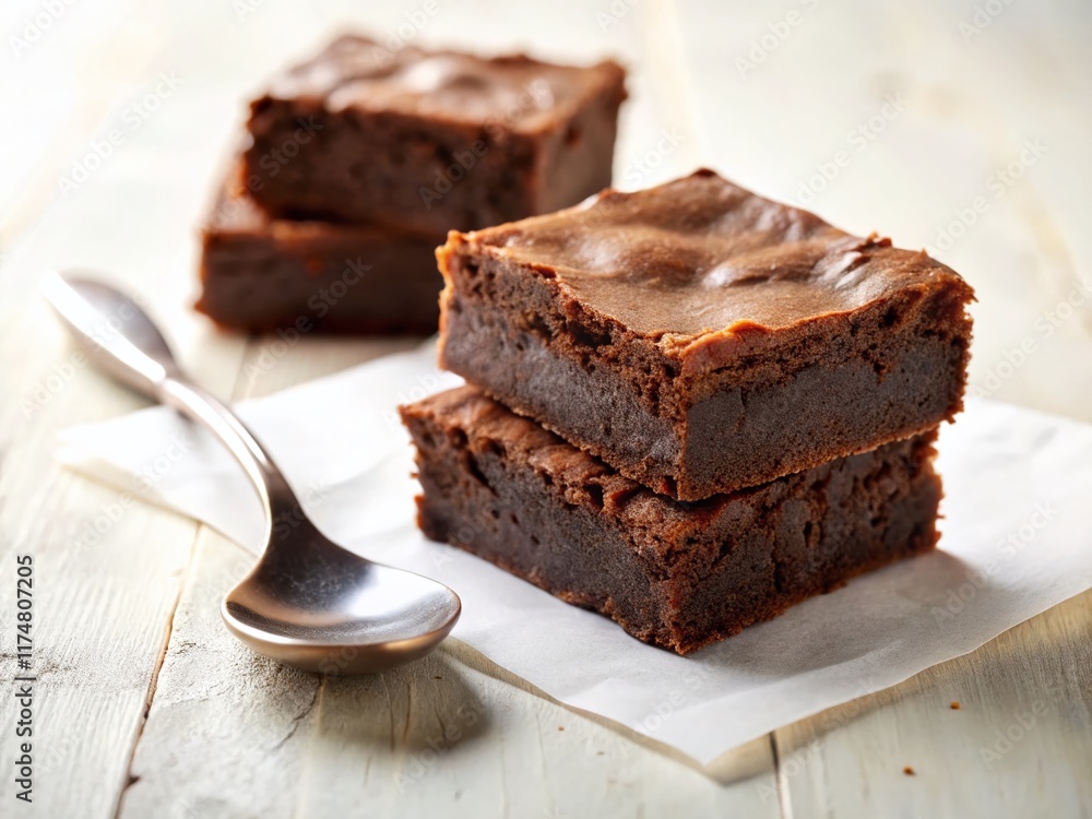 Delicious Homemade Chocolate Brownies with Spoon on White Paper - Stock Photo Delicious Homemade Chocolate Brownies with Spoon on White Paper - Stock Photo