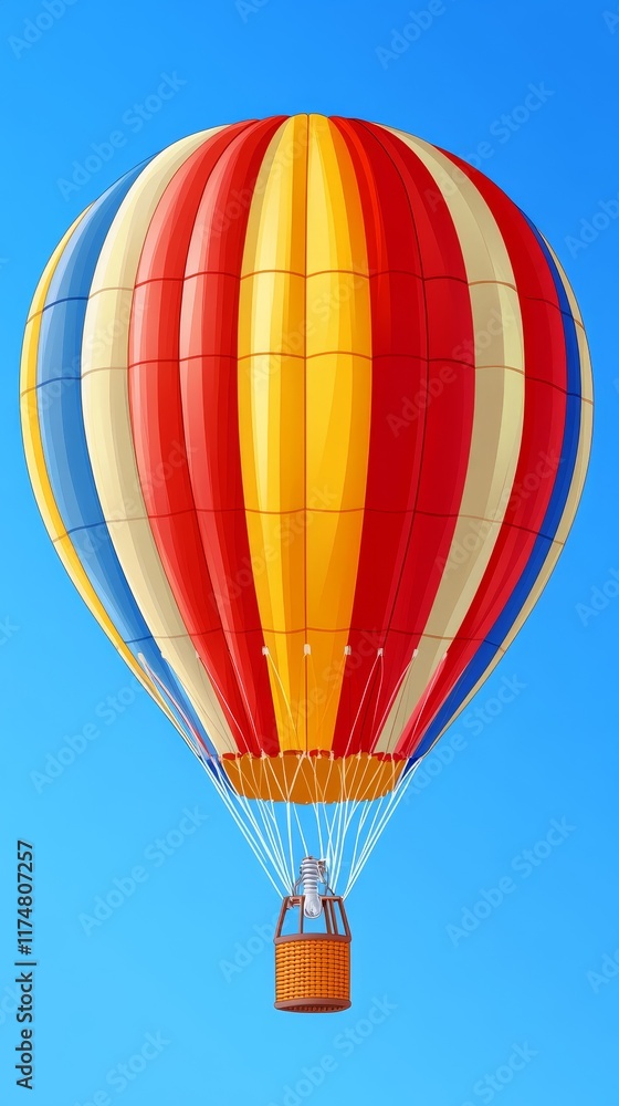 Naklejka premium A vibrant, multicolored hot air balloon ascending against a clear blue sky
