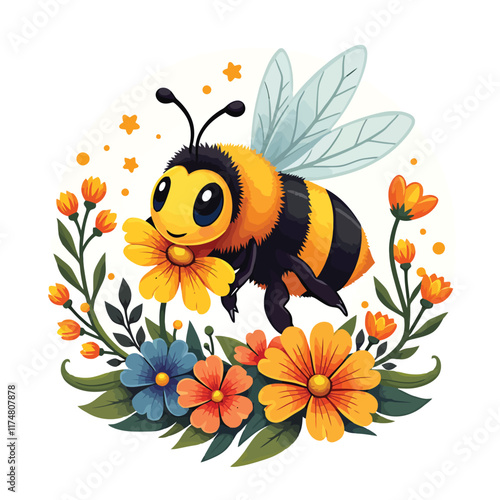 a bee with flowers and leaves