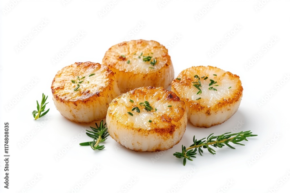 Delicious seared scallops garnished with fresh thyme on a white background. Delicious seared scallops garnished with fresh thyme on a white background.
