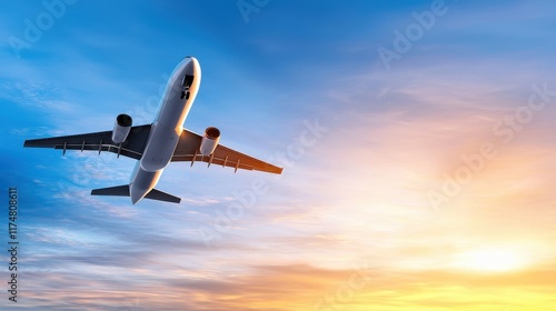 Majestic Airplane Flying Against a Colorful Sunset Sky