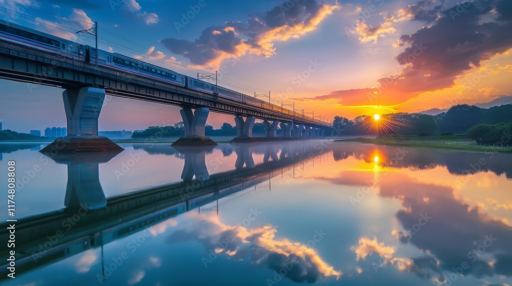 Fototapeta premium Train Crossing a Bridge Over Calm River at Sunset with Vibrant Sky