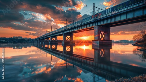 Dramatic Sunset Over Bridge with Train Reflecting on Calm River Waters photo