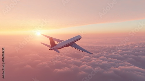 Majestic Airplane Flying Above Clouds During Stunning Sunset