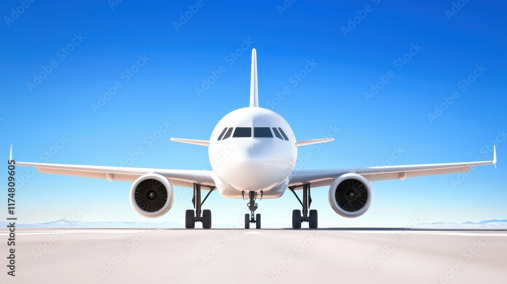 Modern Commercial Airplane Ready for Takeoff Against Clear Blue Sky Modern Commercial Airplane Ready for Takeoff Against Clear Blue Sky