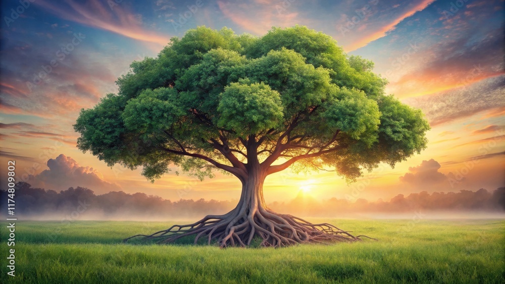 Fototapeta premium Serene Sunrise Majestic Tree with Exposed Roots in a Misty Meadow