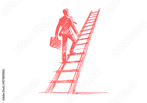 businessman on the stair reaching success hand drawn sketch