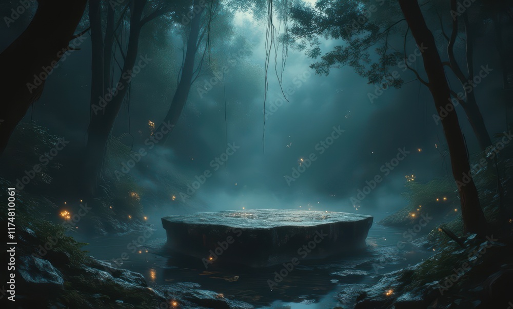 Mysterious misty forest with glowing lights Mysterious misty forest with glowing lights