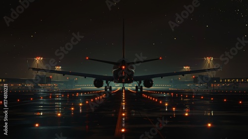 Nighttime Airplane on Illuminated Runway with Calm Atmosphere
