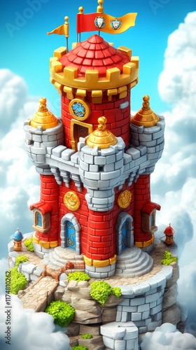 A whimsical red and gold castle tower perched atop a cloud island photo