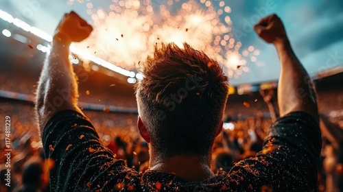 A thrilling scene capturing an enthusiastic crowd celebrating a victory at a stadium, highlighted by dynamic fireworks illuminating the sky and creating an electrifying atmosphere. photo