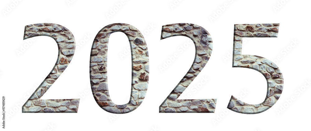 Stone numeral embossed font 2025 year isolated on white background. Numbers and symbols. Textured materials. Stone numeral embossed font 2025 year isolated on white background. Numbers and symbols. Textured materials.