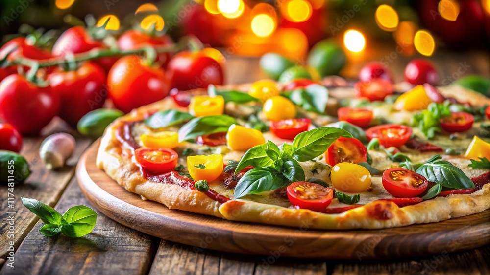Delicious Vegetarian Pizza with Tomatoes & Basil - Bokeh Background Stock Photo