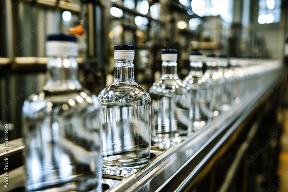 Vodka bottles glide smoothly along the production line in a bustling distillery at noon Vodka bottles glide smoothly along the production line in a bustling distillery at noon