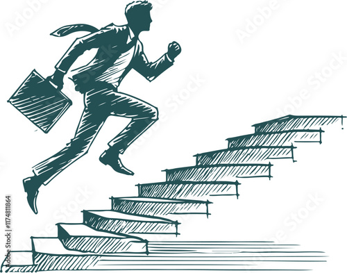 businessman on the stair reaching success hand drawn sketch